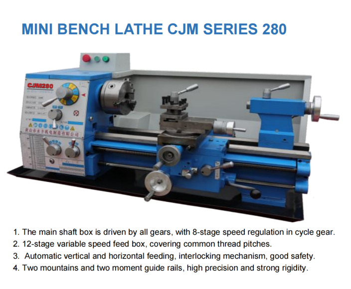 CJM280 Mini Bench Lathe | Precision Gear-Driven Metal Turning Machine for Workshops